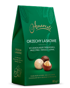 Amaresti Orzechy laskowe w czekoladzie deserowej, białej z kawą i mleczną 